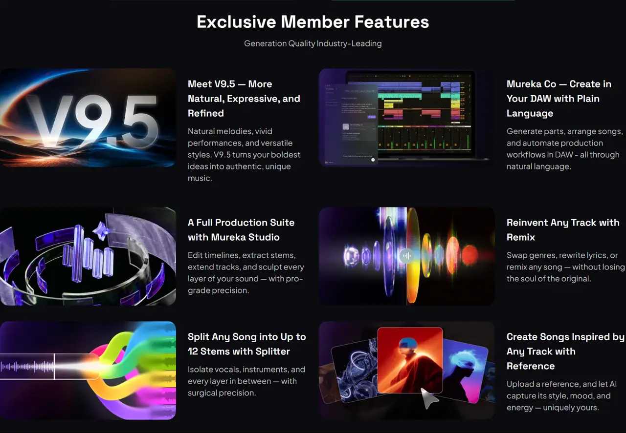 Official Mureka V9.5 feature card describing a more natural expressive and refined model