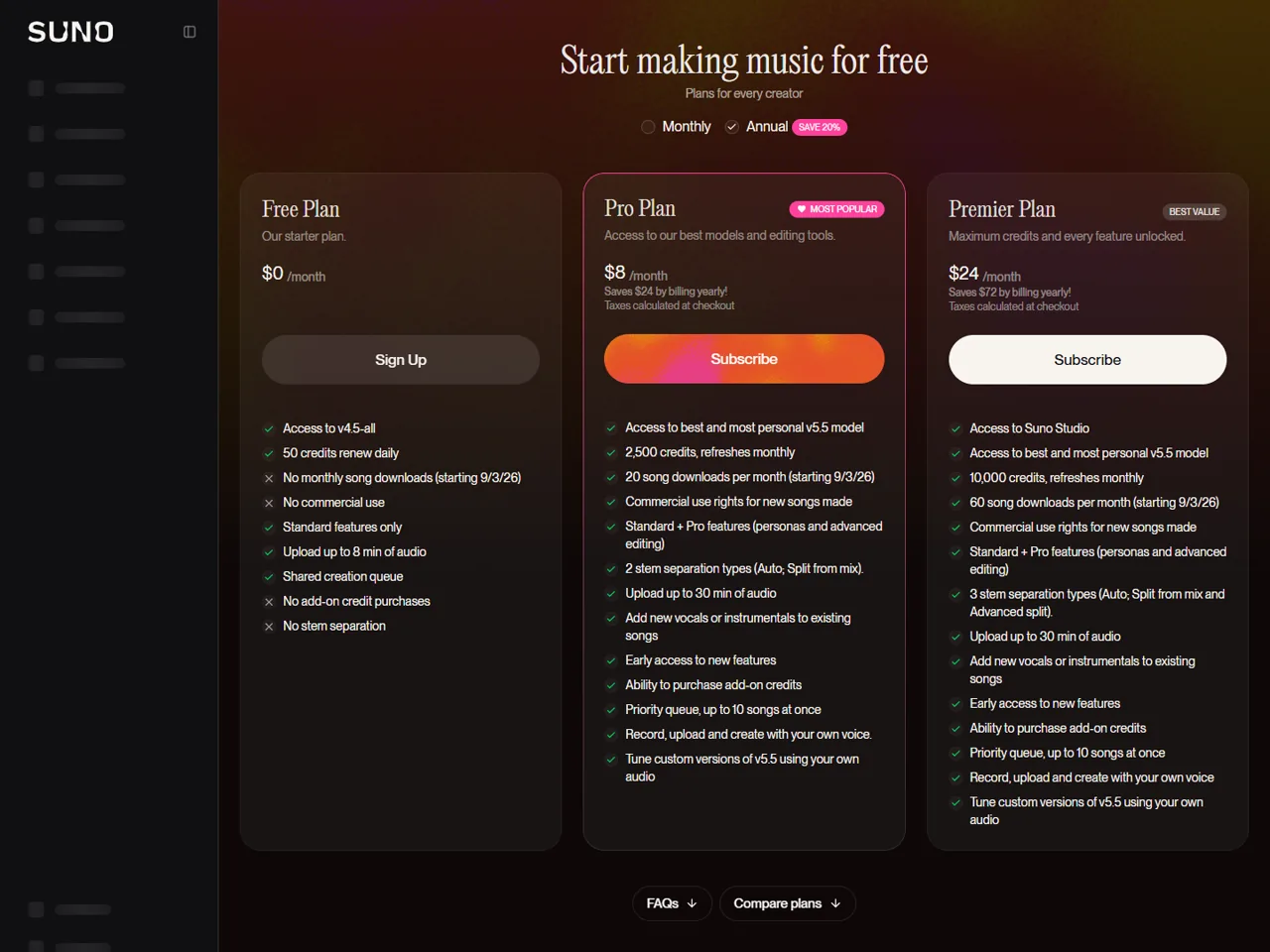 Suno Free, Pro, and Premier annual pricing with v5.5 access