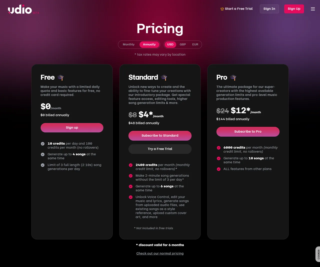 Udio student Standard and Pro prices with six-month term