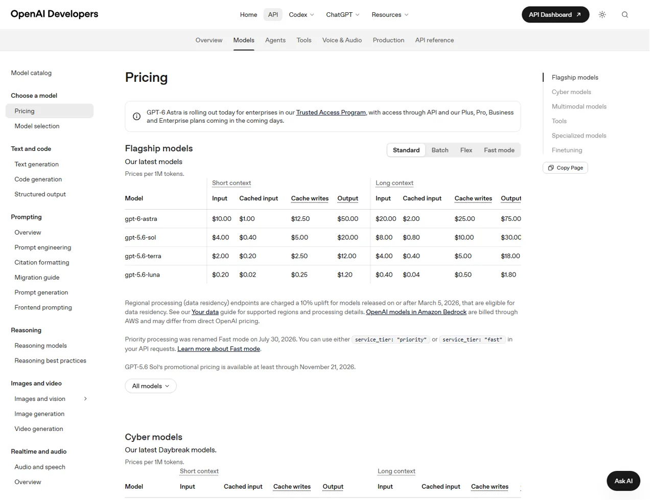 GPT-6 Astra API pricing for short and long contexts