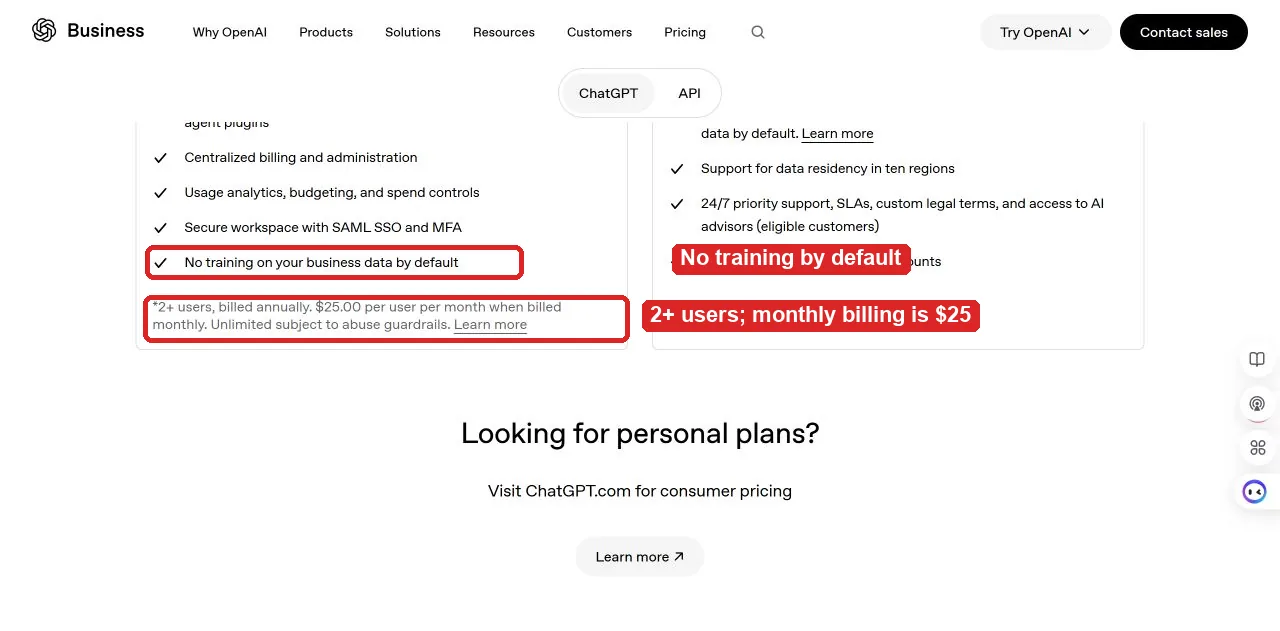 OpenAI Business pricing footnote showing a two-user minimum and 25 dollar monthly billing price