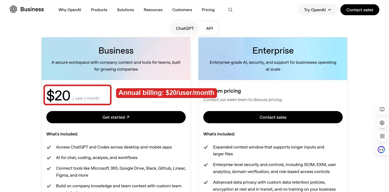OpenAI Business pricing page showing ChatGPT Business at 20 dollars per user per month