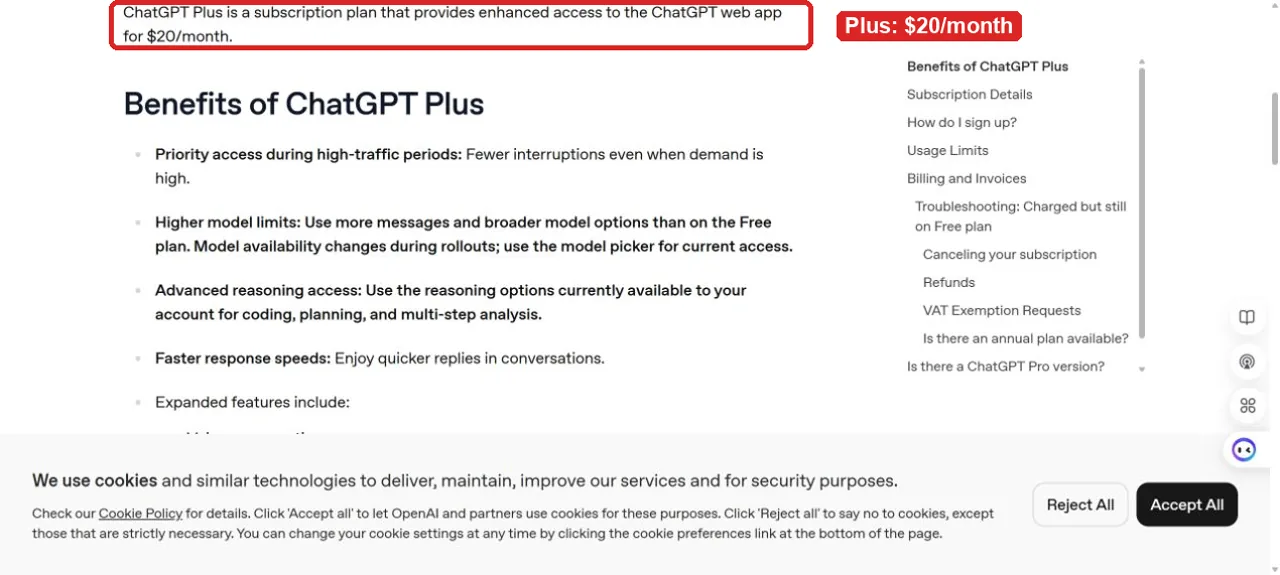OpenAI Help Center page stating that ChatGPT Plus costs 20 dollars per month