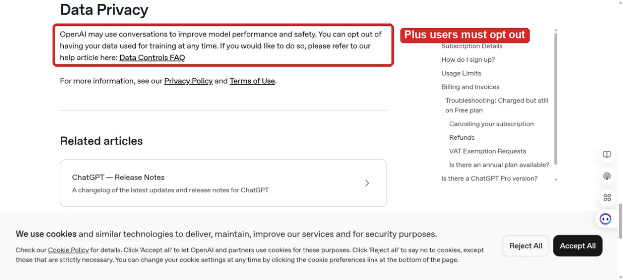 OpenAI Help Center Data Privacy section for ChatGPT Plus