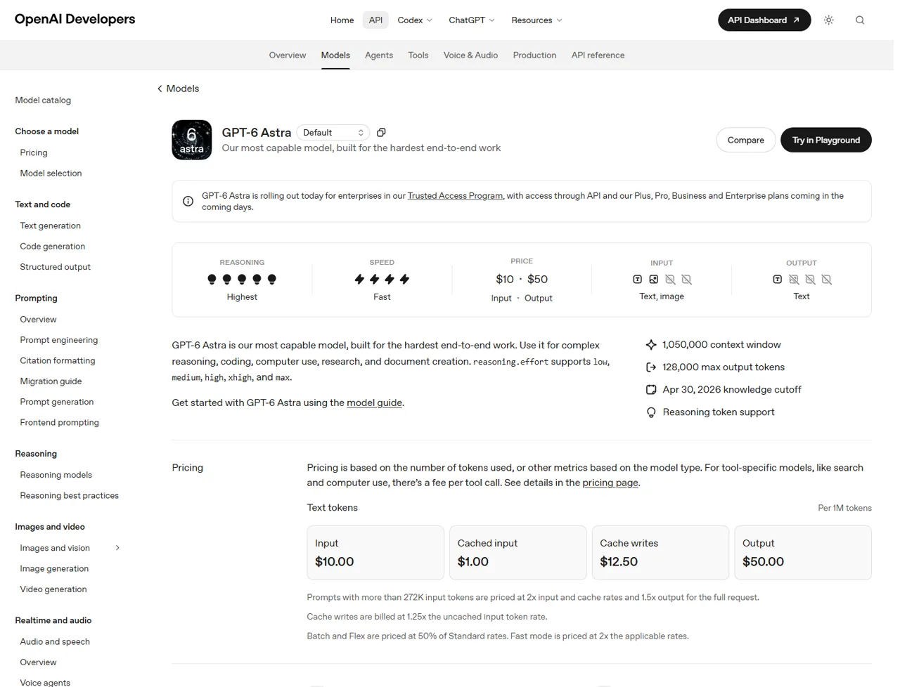 GPT-6 Astra model specifications in OpenAI developer documentation