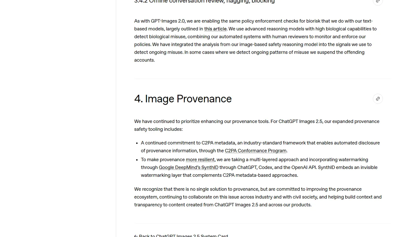 ChatGPT Images 2.5 provenance section covering C2PA and SynthID