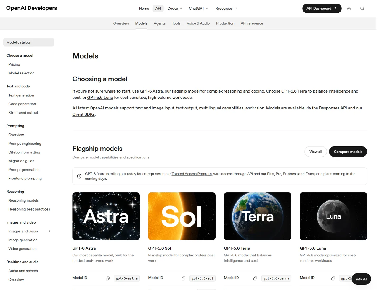 OpenAI developer model directory showing GPT-6 Astra