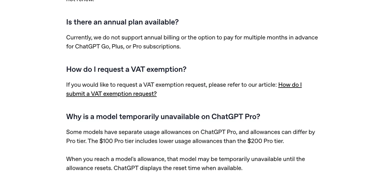 В справочном центре OpenAI указано, что для ChatGPT Plus не предусмотрено ежегодное выставление счетов