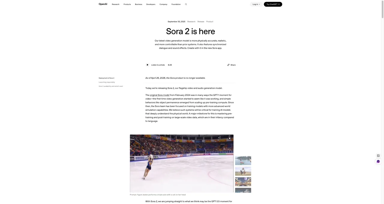OpenAI Sora 2 page stating that the Sora product is no longer available as of April 26, 2026