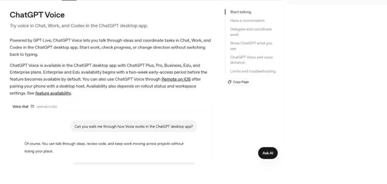 OpenAI documentation showing ChatGPT Voice desktop availability and rollout conditions