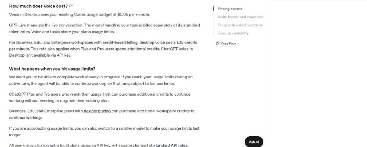 OpenAI documentation showing the current per-minute Voice in Desktop cost and separate task-model billing