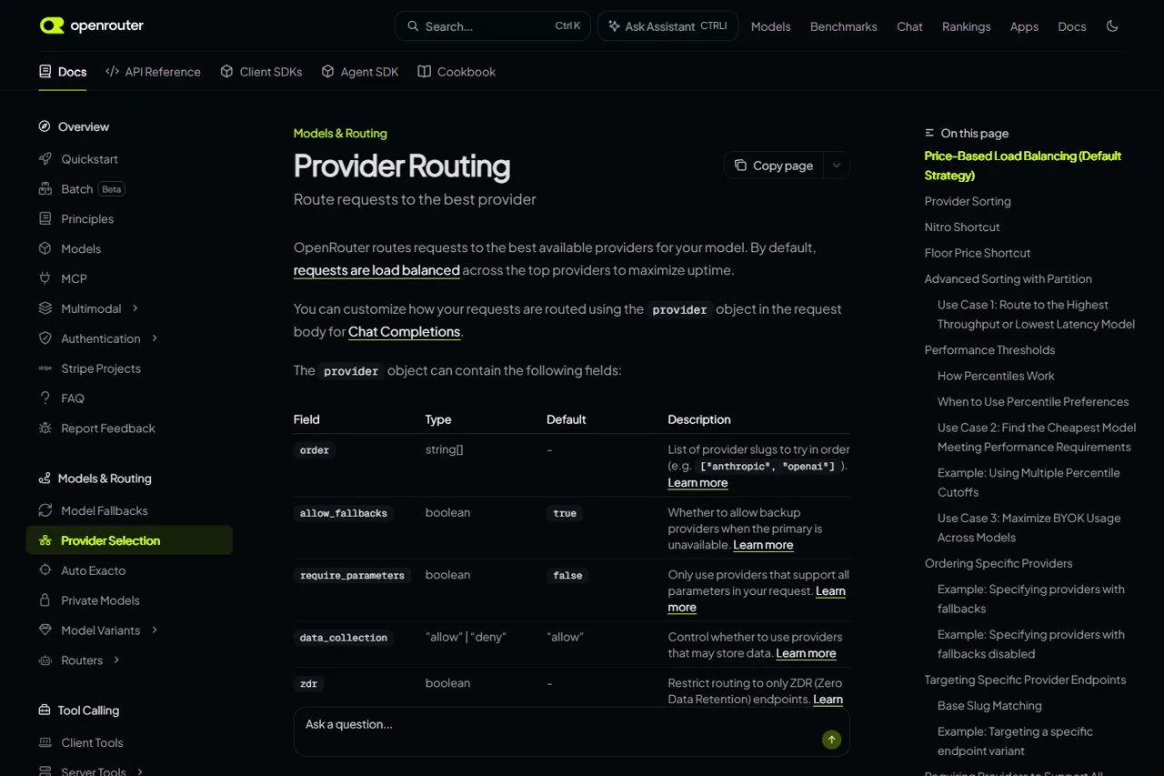 OpenRouter Provider Routing documentation showing provider selection and fallback controls