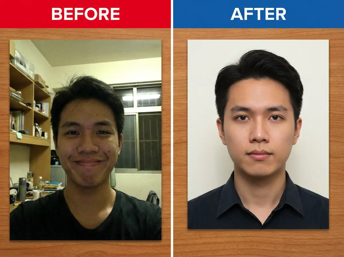 Casual selfie → Standard passport photo