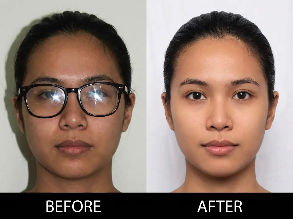 Wearing glasses → Anti-glare, compliant passport photo