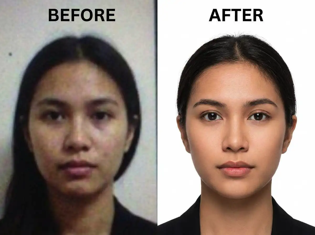 Low-resolution blurry photo → High-resolution passport photo