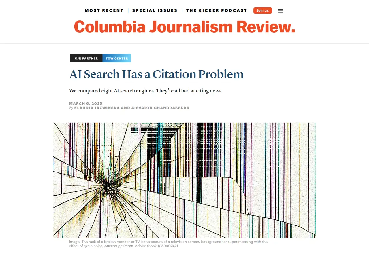 Columbia Journalism Review and Tow Center study page titled AI Search Has a Citation Problem