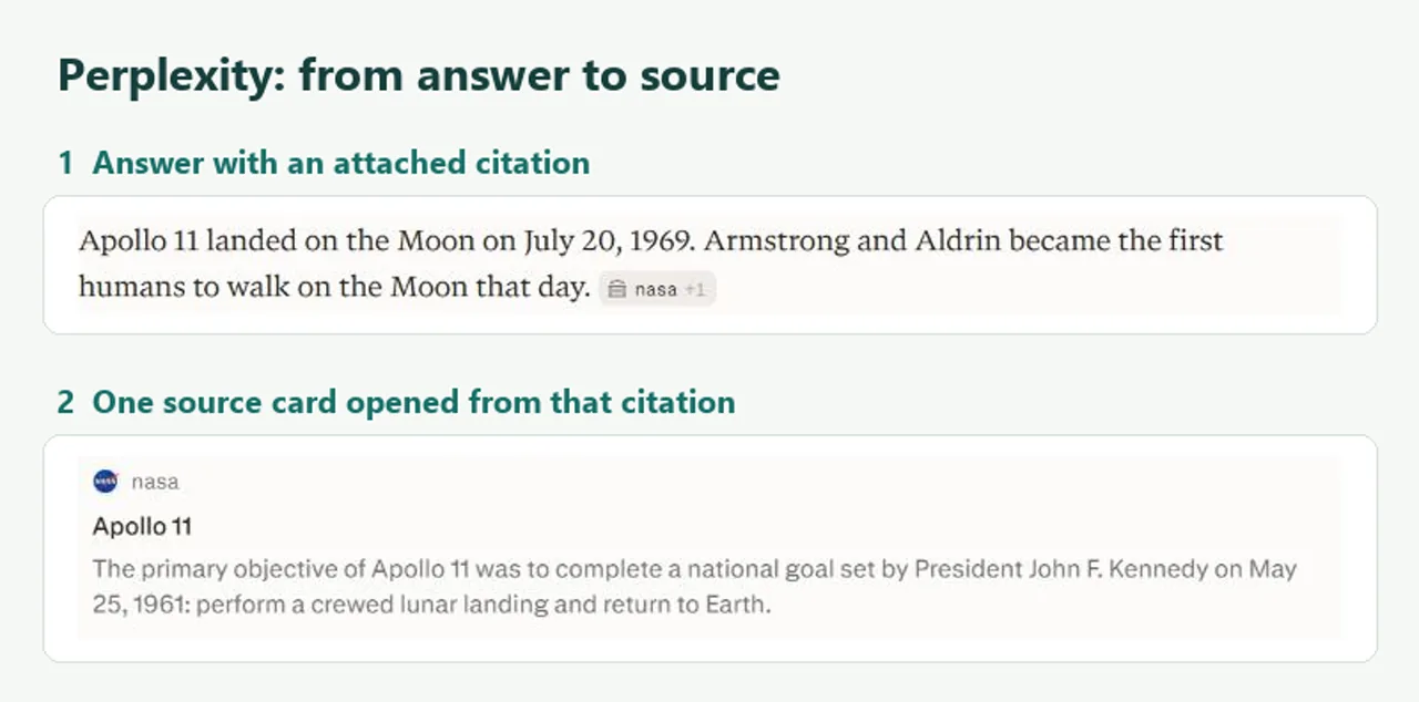 Perplexity official answer about Apollo 11 with a NASA citation and the expanded NASA source card