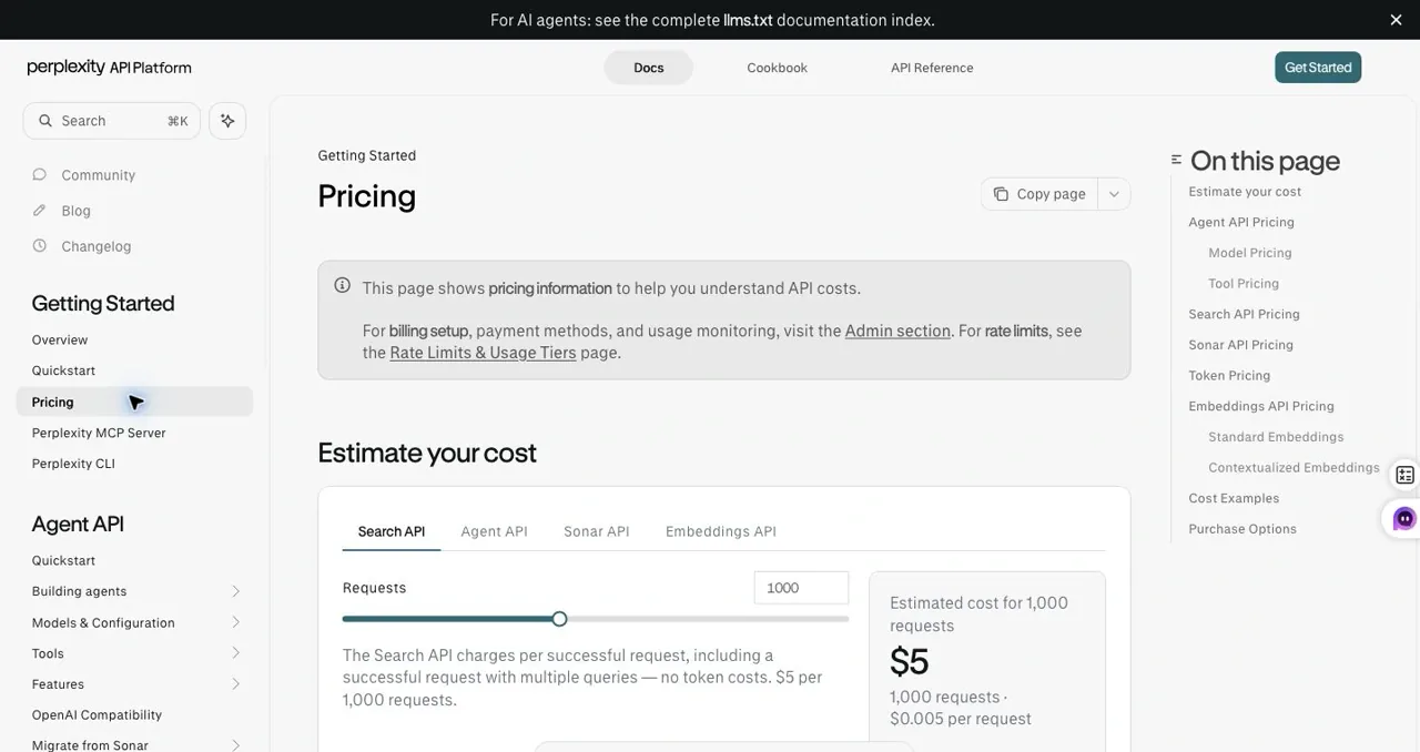 Perplexity official API pricing documentation
