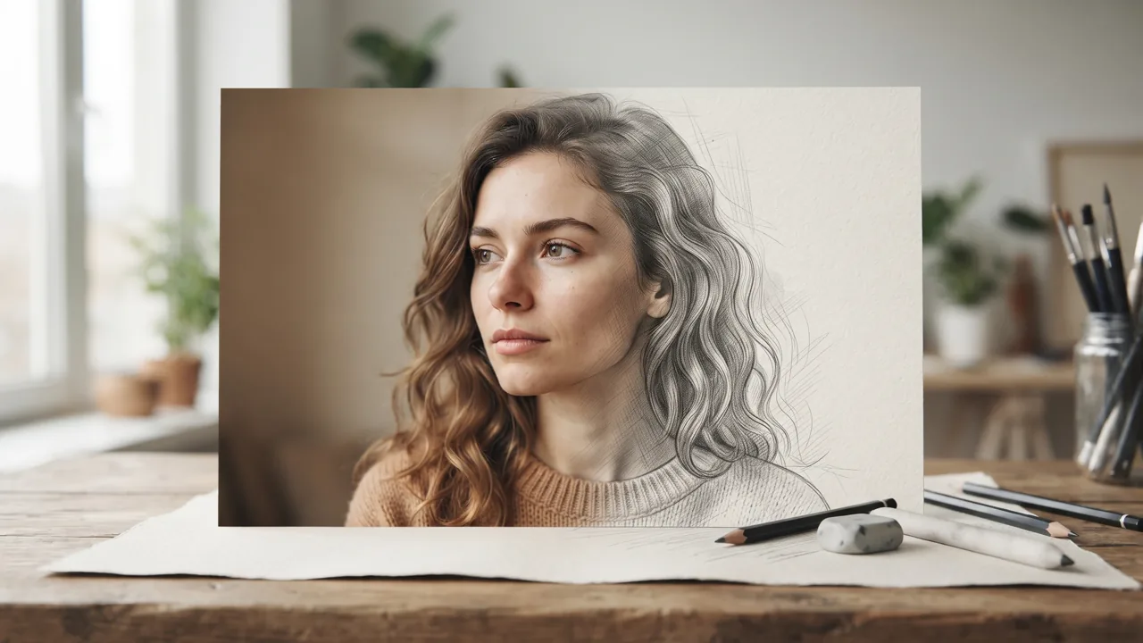 Portrait transforming from a photograph into a detailed pencil sketch