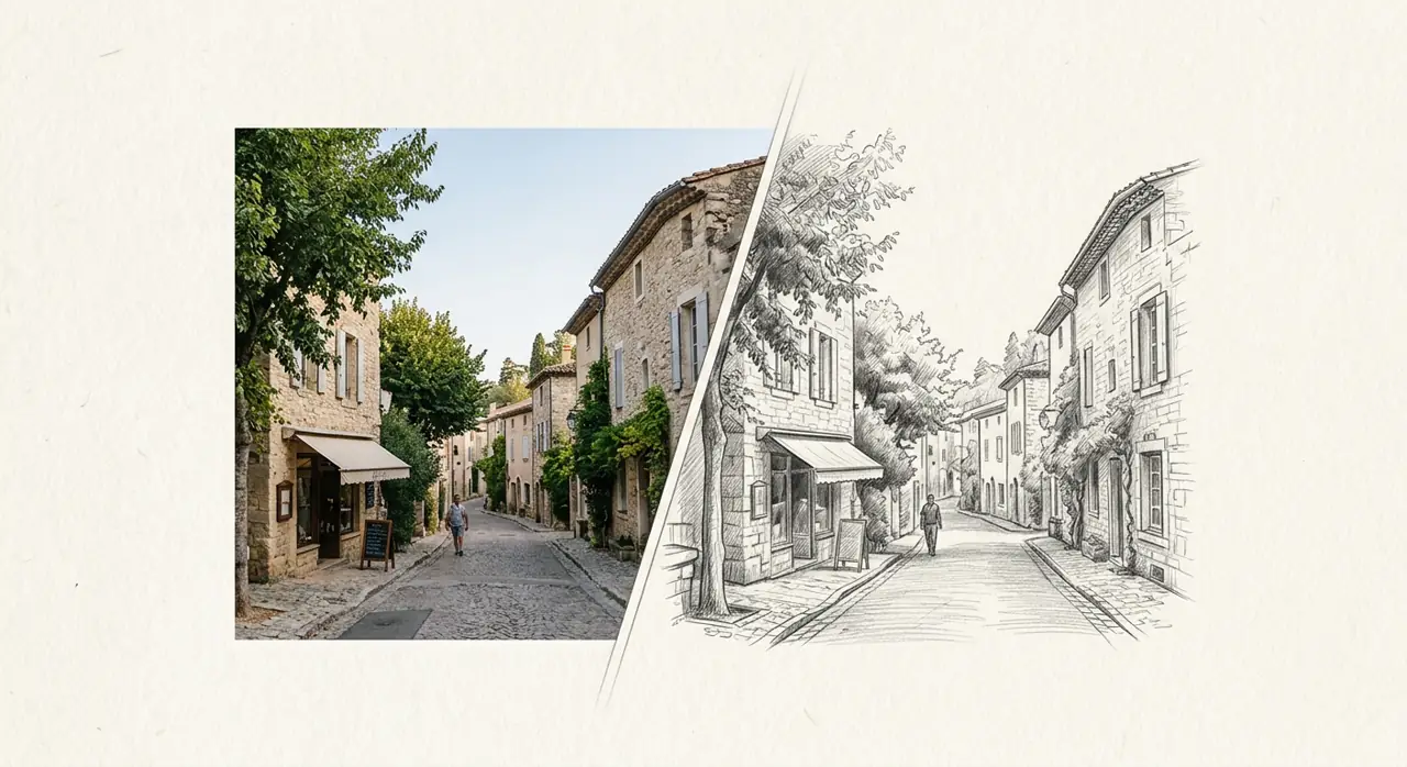 Landscape photo transformed into a detailed pencil sketch