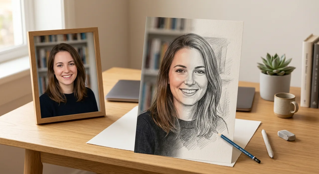 Photo to sketch converter turning a portrait photo into a pencil drawing