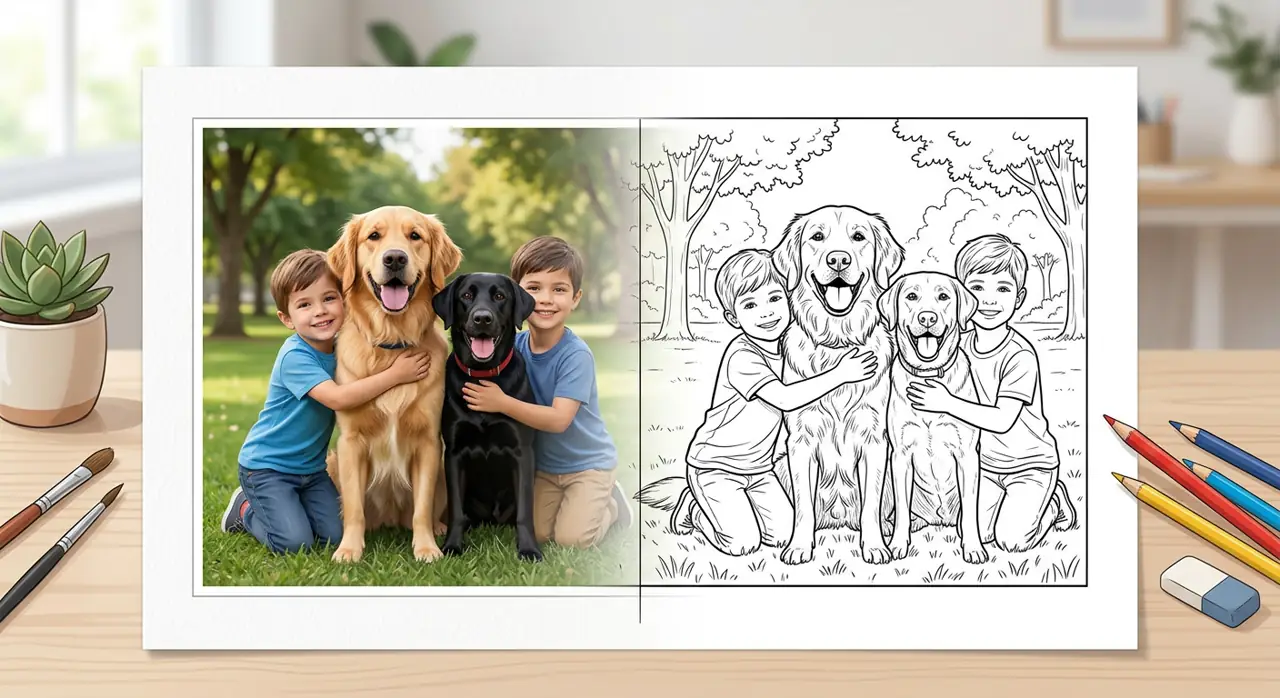 Photo to sketch tool converting a pet photo into coloring page line art