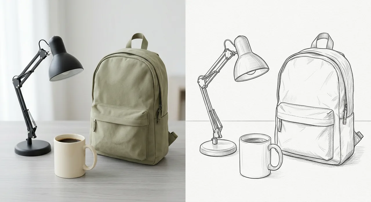 Product photo converted into a clean pencil outline sketch