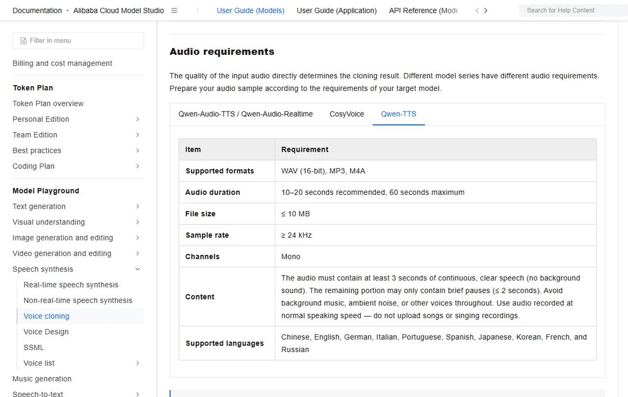 Alibaba Cloud Qwen-TTS voice cloning audio requirements table