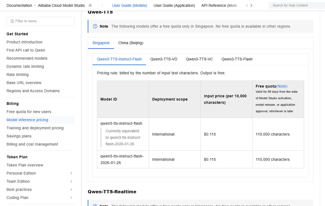 Alibaba Cloud international Qwen3-TTS pricing rows