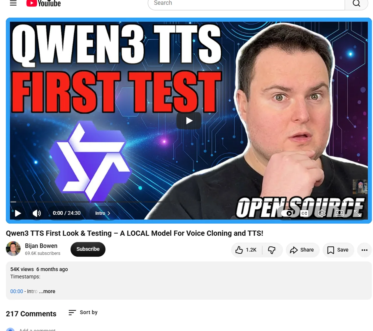 Bijan Bowen Qwen3-TTS local voice cloning first-look video page