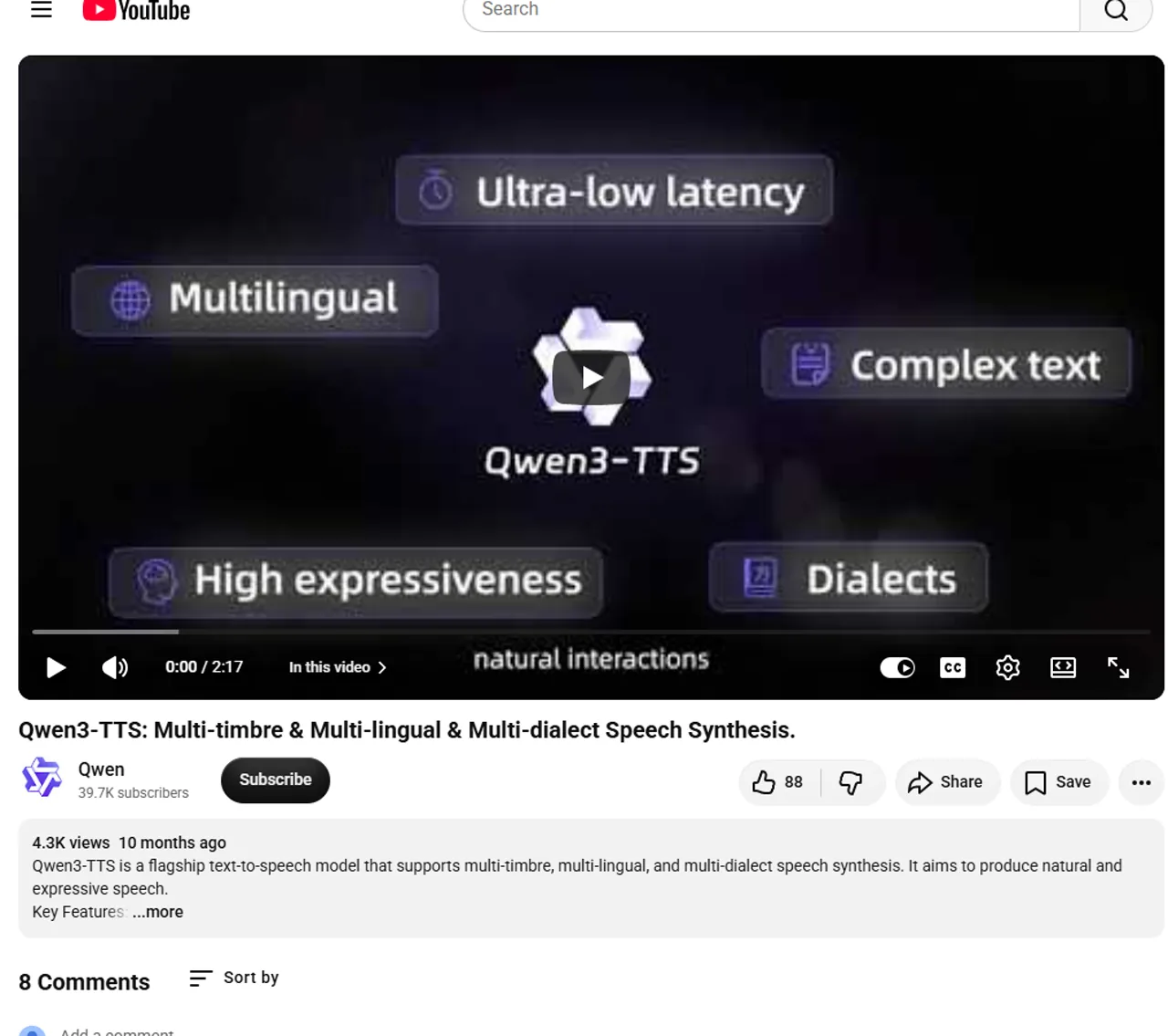 Official Qwen YouTube demonstration for multilingual and multi-timbre Qwen3-TTS synthesis