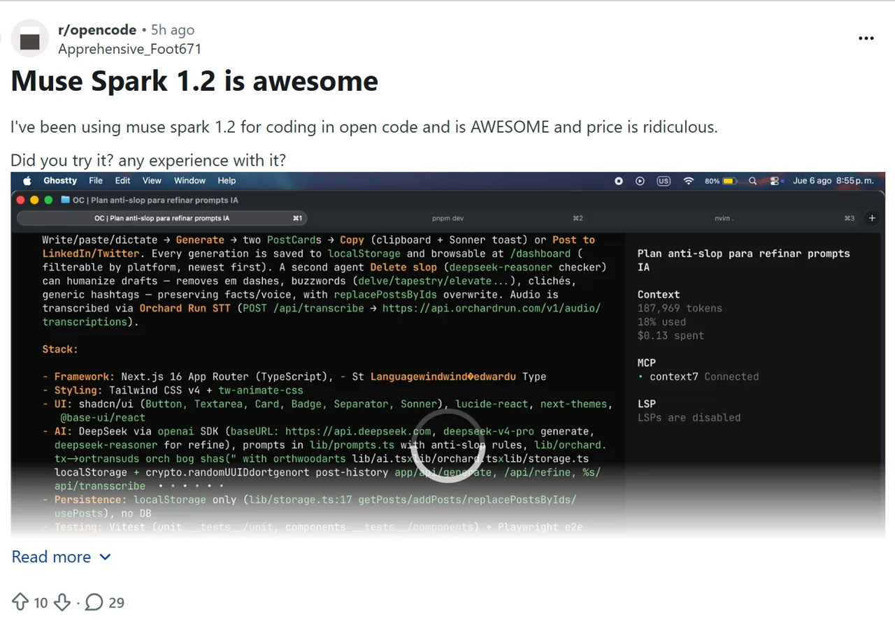 Reddit user describing an early positive Muse Spark 1.2 coding experience and low price in OpenCode