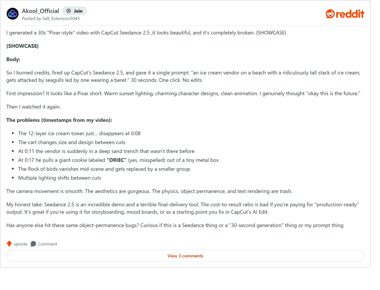 Reddit user listing continuity issues in a 30-second Seedance 2.5 generation