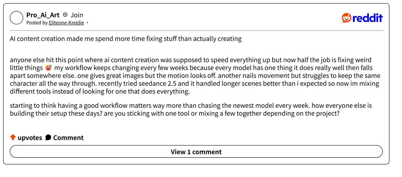 Reddit user discussing Seedance 2.5 longer scenes and a mixed-tool workflow