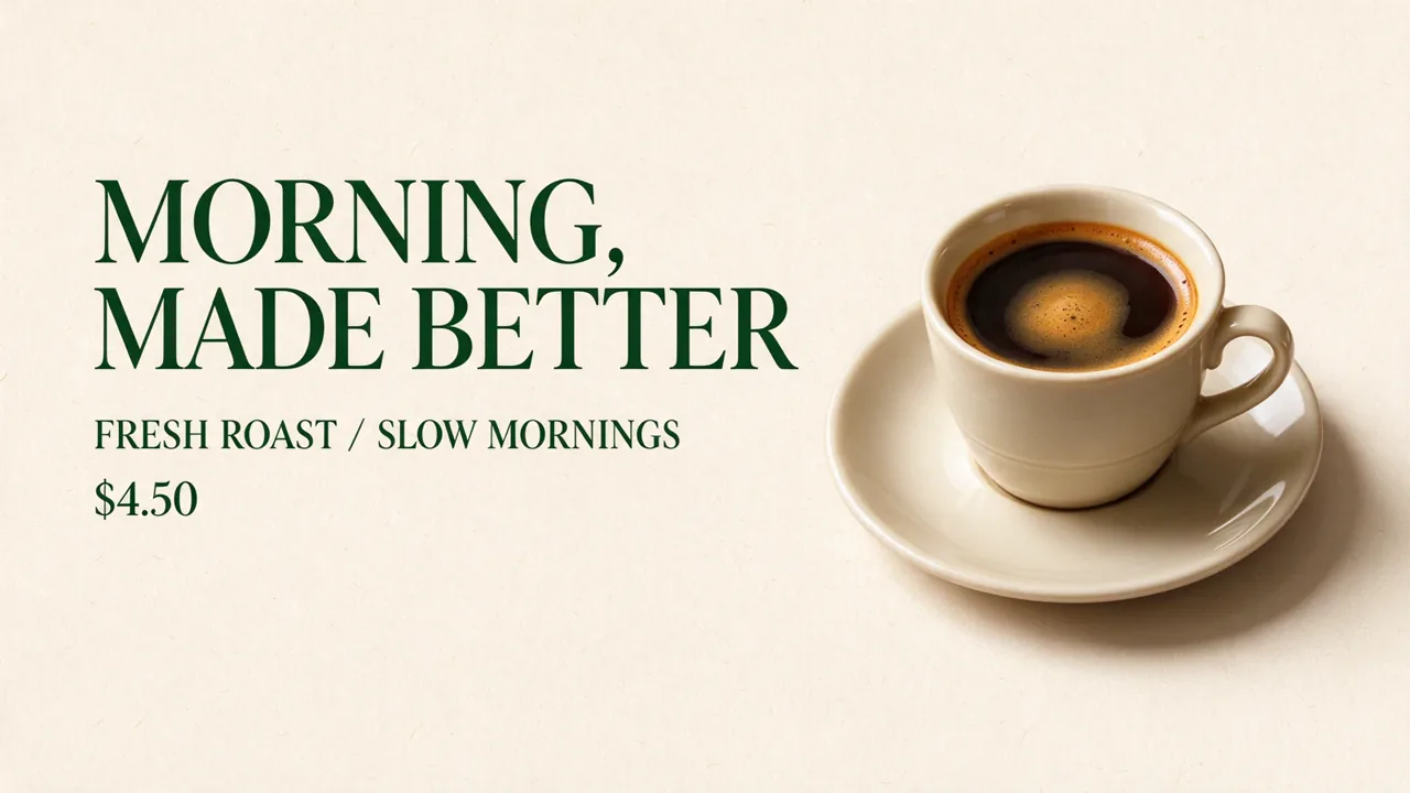 Coffee poster reading MORNING, MADE BETTER above FRESH ROAST / SLOW MORNINGS and $4.50
