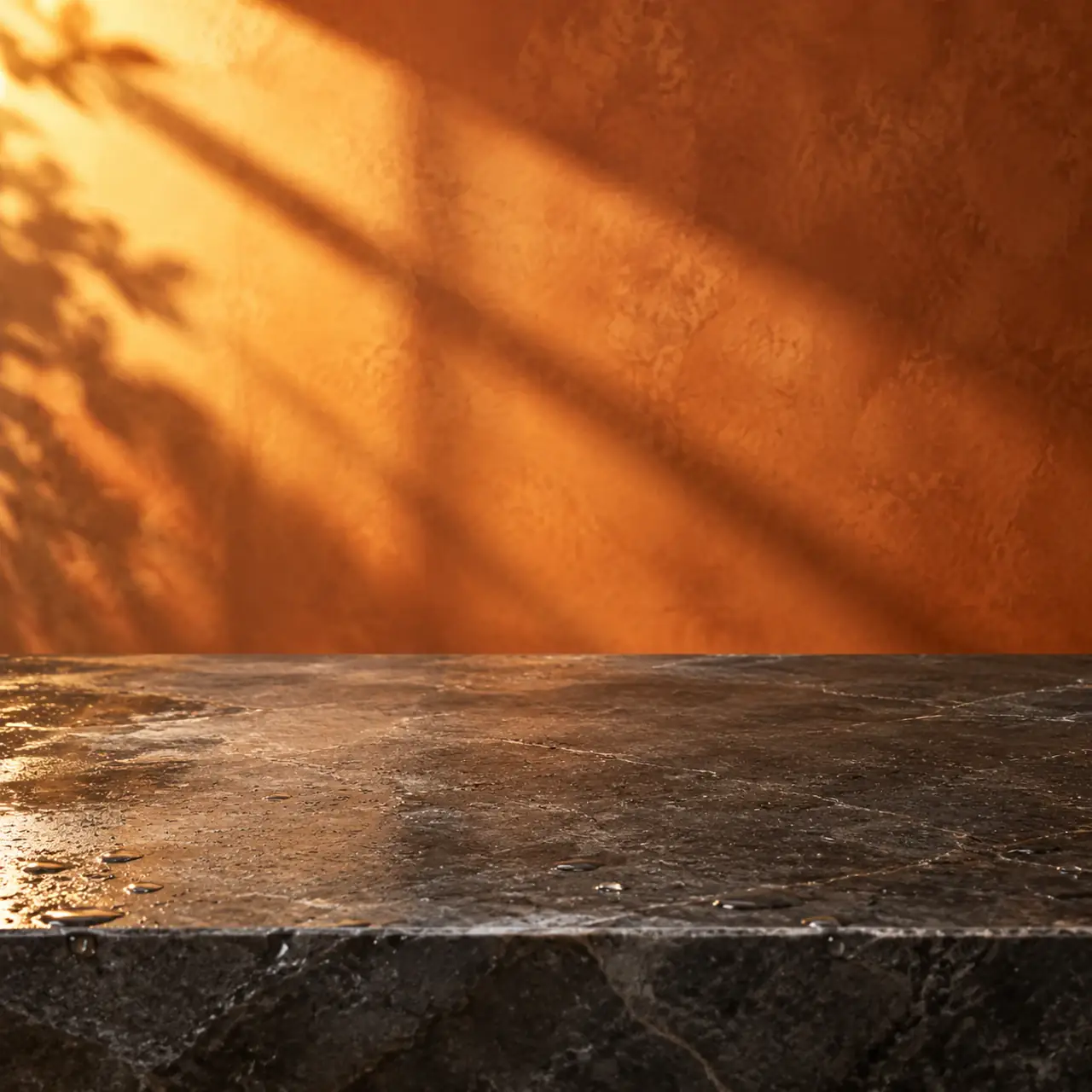 Reference · setting — Wet dark countertop, terracotta wall and warm window shadows.