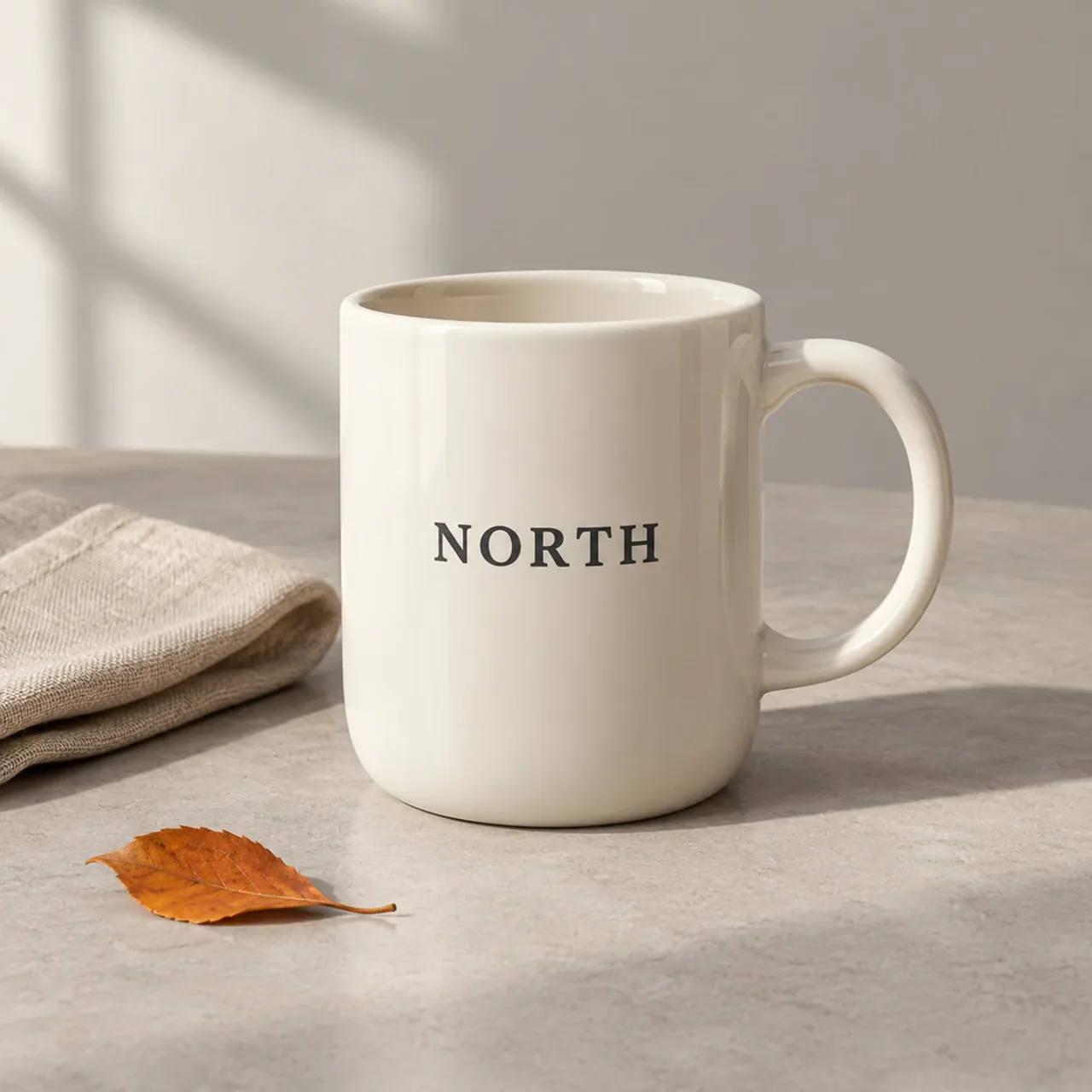 Reference · mug — Ivory mug with an ivory handle and dark NORTH lettering.