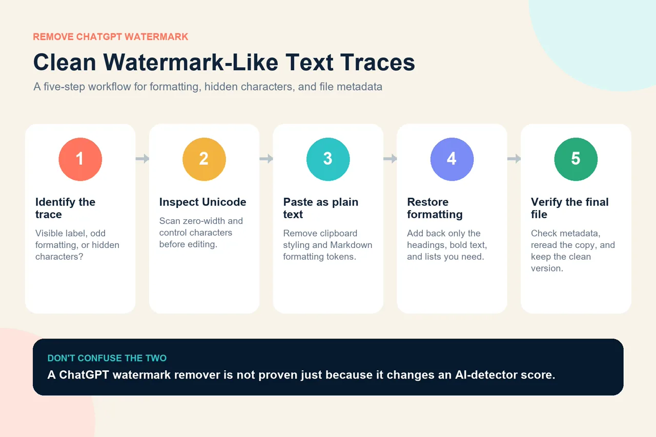 Five steps to remove ChatGPT watermark-like formatting and metadata traces