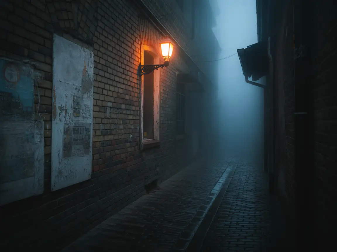 A dark alleyway with mist curling along the ground, faint silhouettes lurking in corners.