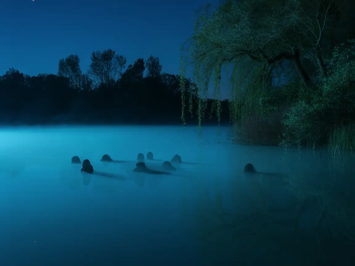 A misty lake at night, reflections of unknown figures visible just beneath the surface.