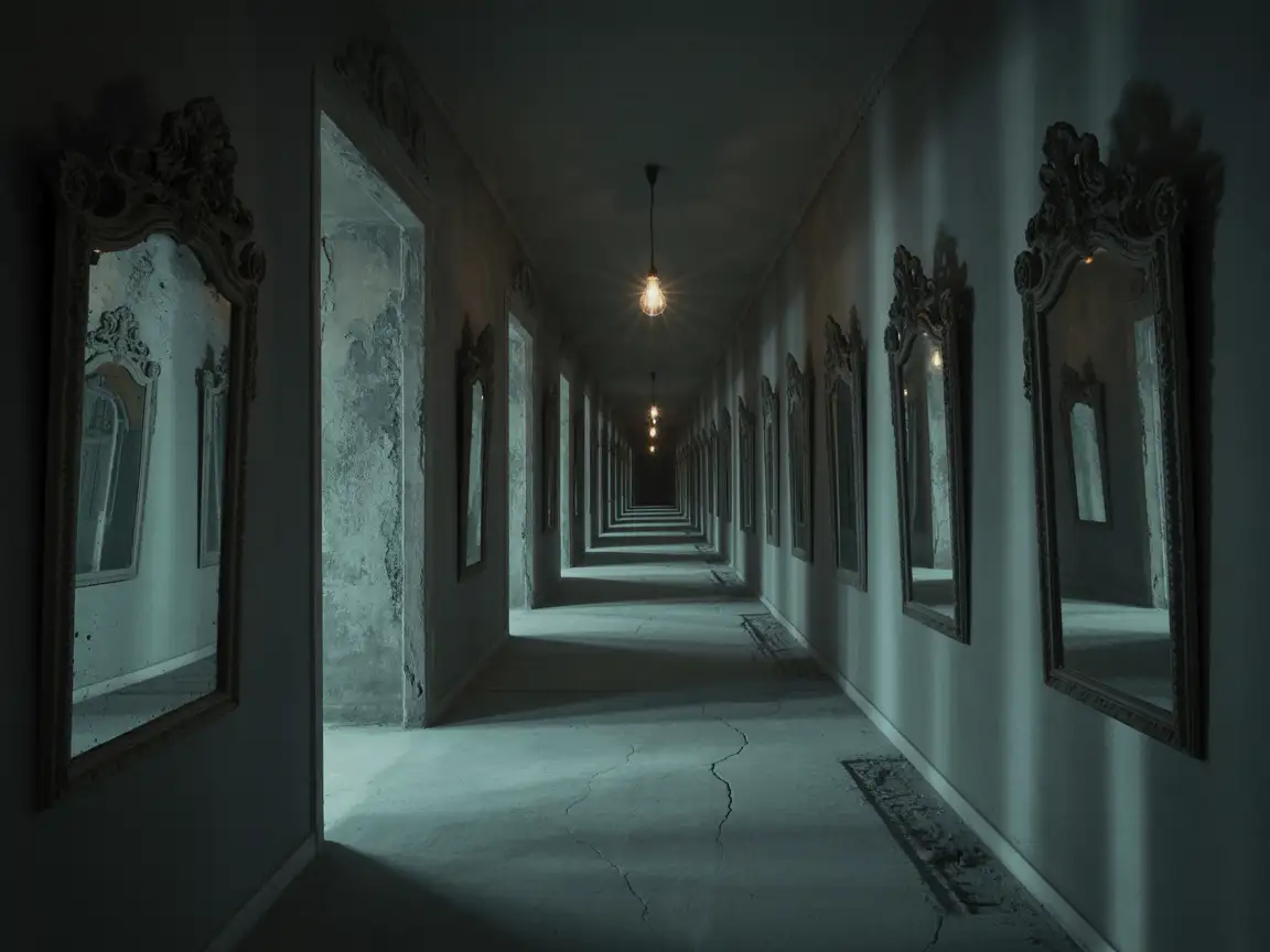 A narrow hallway lined with mirrors, each reflecting slightly distorted, sinister versions of the viewer.