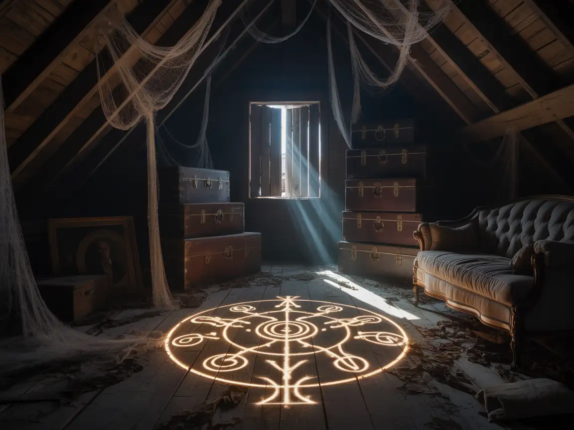 A dark attic filled with cobweb-covered furniture and mysterious glowing symbols on the floor.