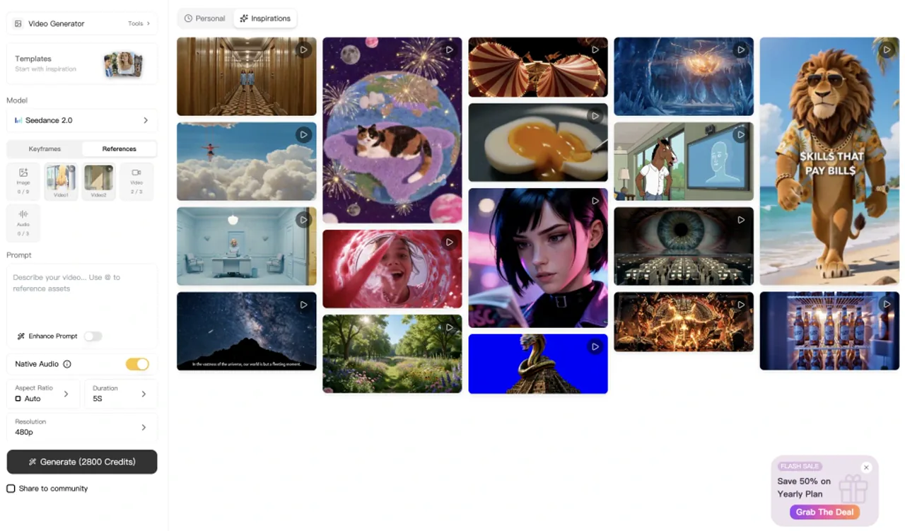 Seedance 2.0 video generation workspace with model and output controls
