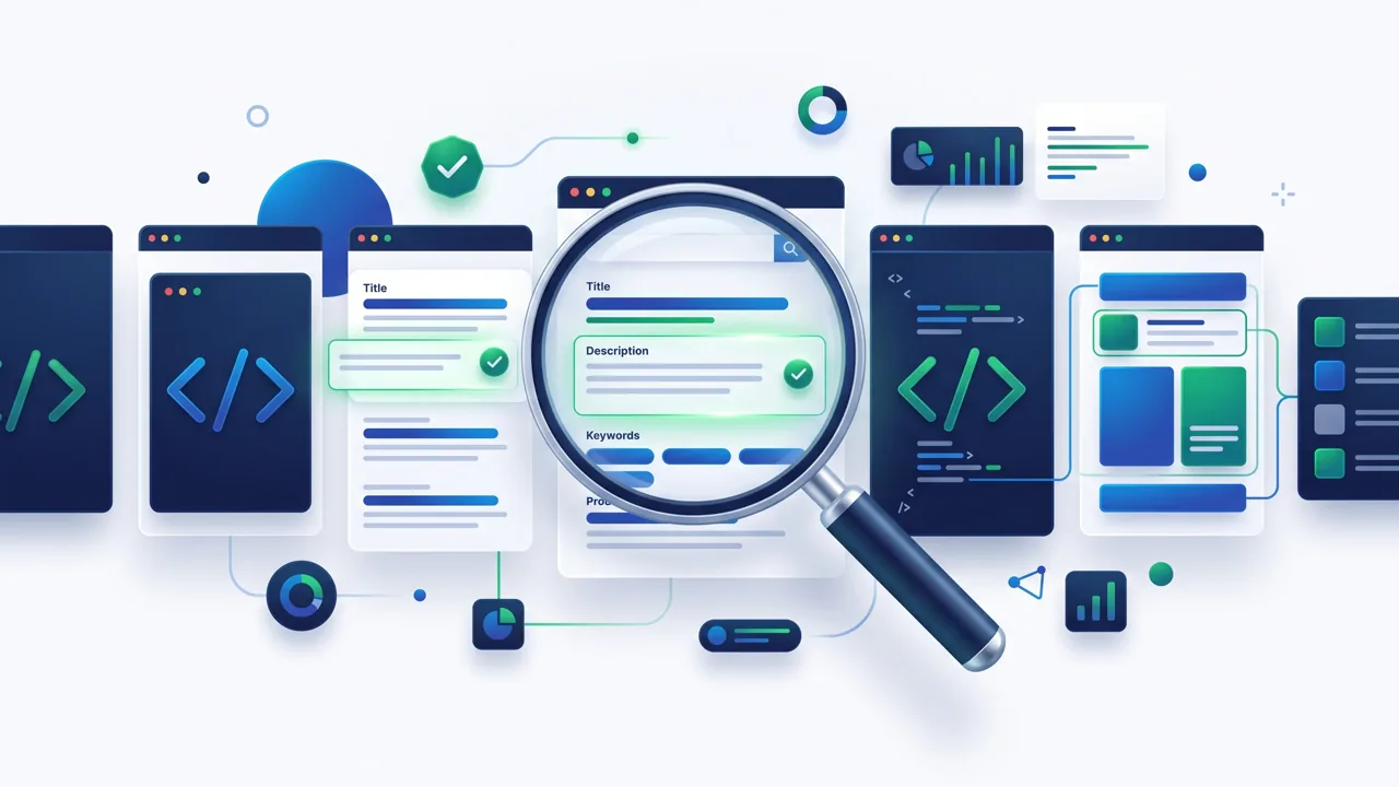 SEO meta editor showing title and description fields beside a search preview
