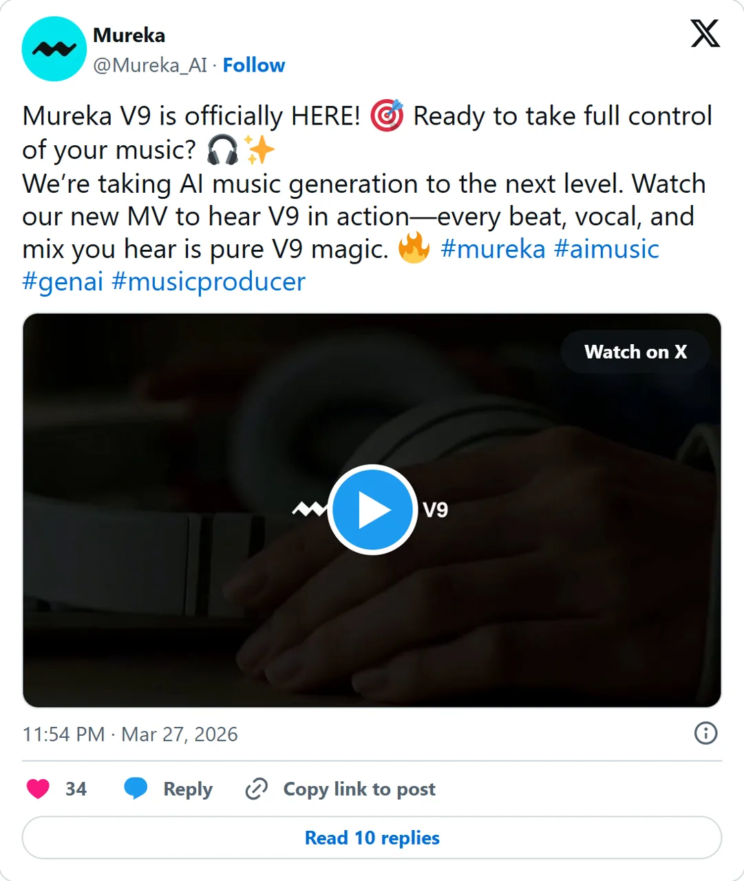 Official Mureka V9 launch post from March 27, 2026