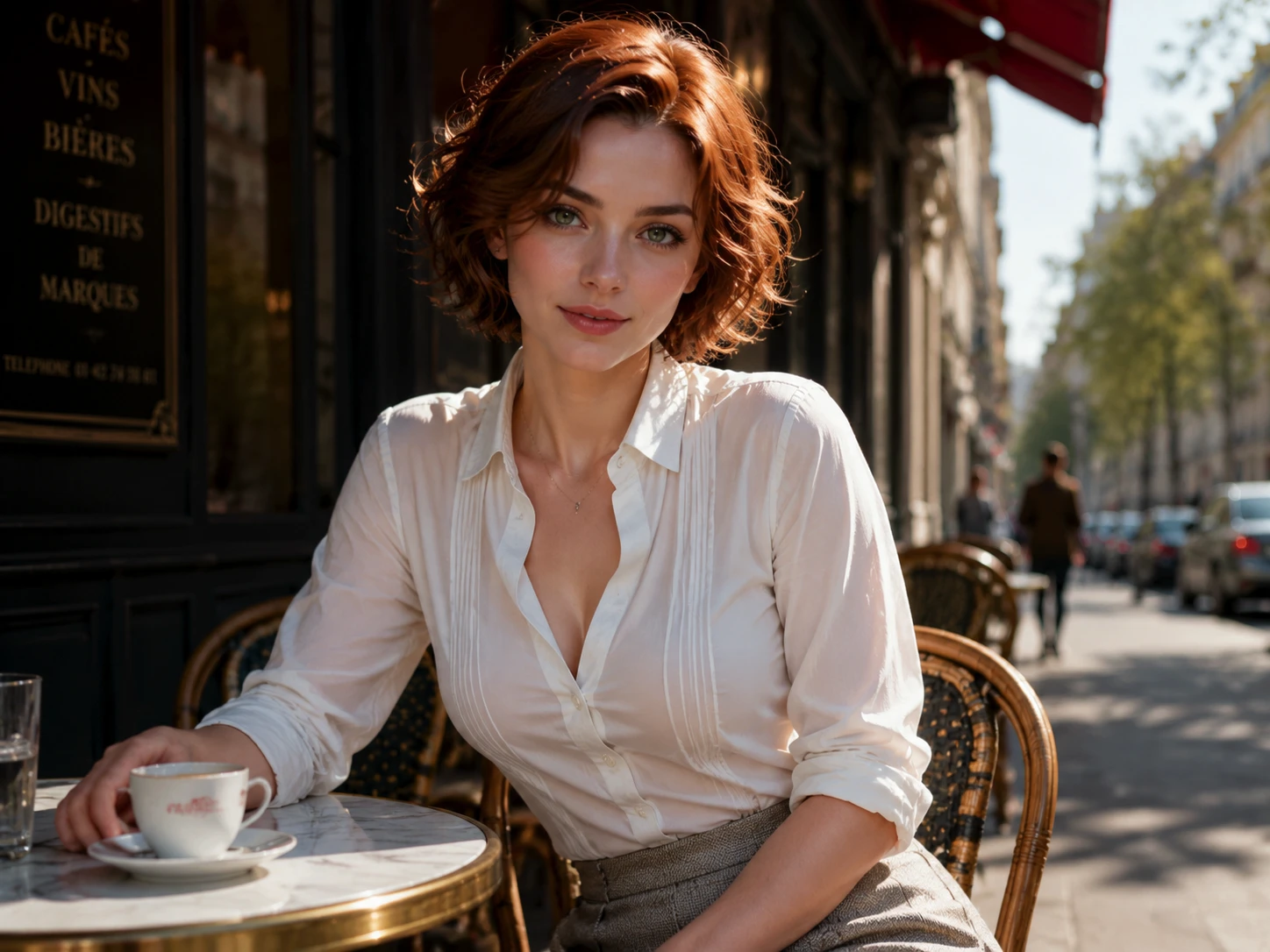 “Paris cafe muse” Prachtige vrouw met korte kastanjebruine golven, heldere groene ogen, zachte make-up, draag een elegante witte blouse, zittend aan een zonovergoten straatcafé, warme natuurlijke belichting, gepolijste lifestylefotografie.