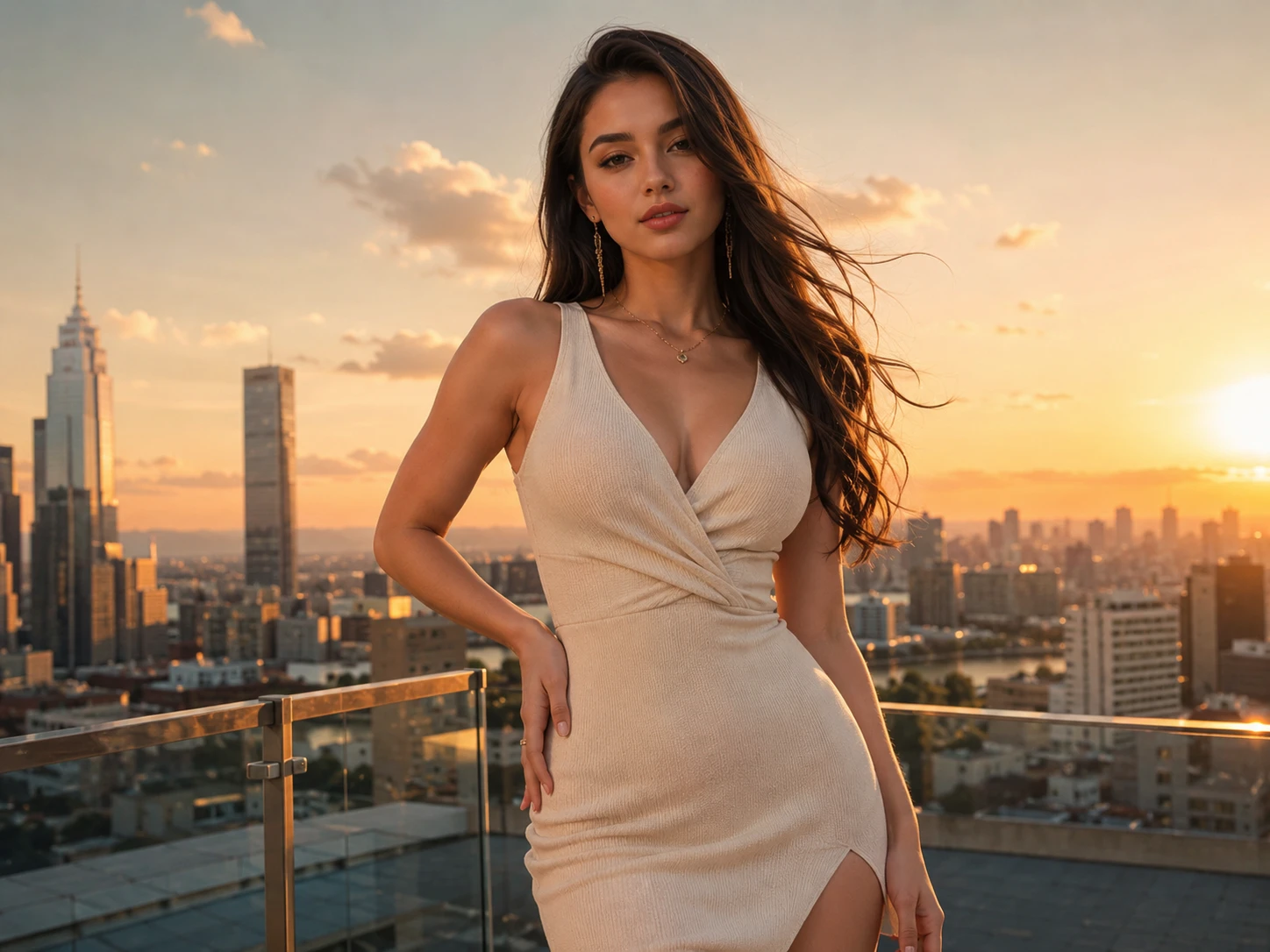 “Rooftop sunset look” Prachtige vrouw in een crèmekleurige getailleerde jurk, stadsgezicht bij gouden uur, zachte wind in haar haar, gedefinieerde taille, zelfverzekerde pose, cinematografische modelfotografie.