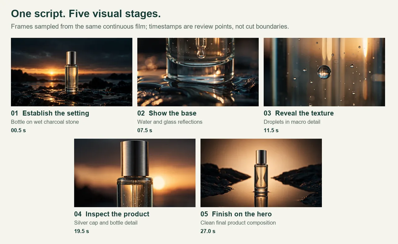 Five frames sampled from the same continuous Seedance 2.5 serum film.