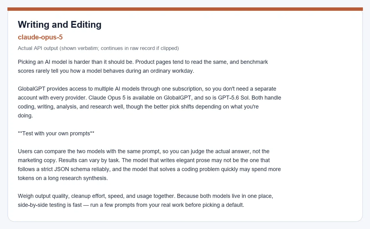 Claude Opus 5 actual Broly API output for Writing and Editing