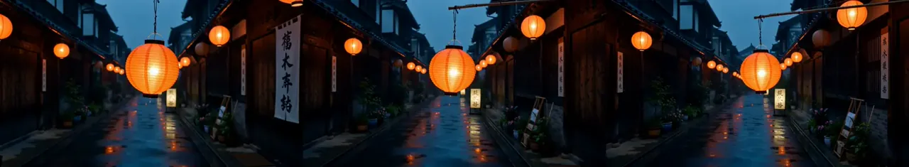 Three sampled frames from an Agnes Video 2.5 text-to-video test showing a rain-wet lantern street